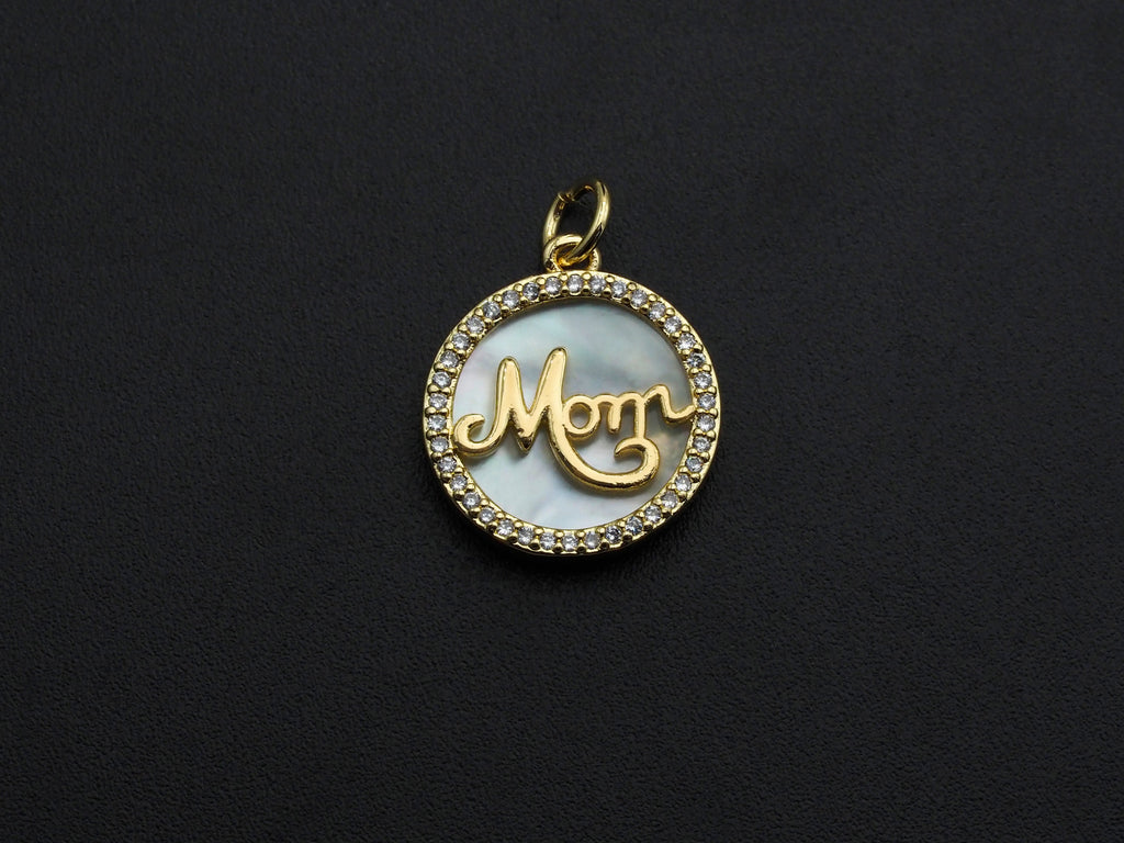 Mother-of-pearl Inlay MOM Letter Round Pendant/Charm, Mom Letter Shape Pendant,16mm, Mother's day gift, Sku#Z791